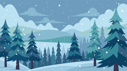 A snowy pine forest during a light snowfall with flakes gently dusting the trees and creating a dreamy atmosphere.