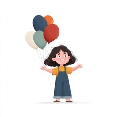 A joyful girl with dark hair holds colorful balloons, smiling brightly in blue overalls and orange shirt,