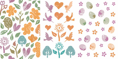 Whimsical hand drawn style illustrations of birds flowers hearts trees and easter eggs in pastel colors