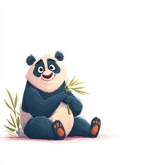 A cheerful anthropomorphic panda sits cross-legged holding bamboo leaves, with expressive eyes and a friendly smile,