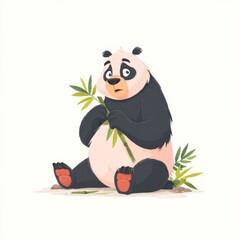 A cute cartoon panda sits on a white background, holding a green bamboo leaf with a curious expression.