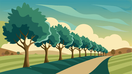 Fototapeta premium In the distance a row of old oak trees stands tall adding to the picturesque beauty of the rural landscape.