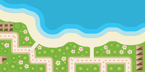 Top down view of a charming cartoon beach resort with pathways and blooming flowers © Bivuti