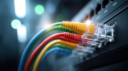 Colorful Ethernet Cables Connected to Network Switch in Modern Technology Environment for Data Transmission