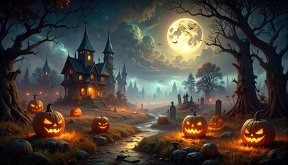 Spooky Halloween Scene with Haunted Castle and Jack-o'-Lanterns