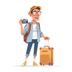 A cheerful traveler with a classic camera and luggage,