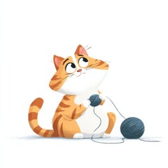 A playful orange and white cartoon cat sits upright, engaging with two balls of yarn,