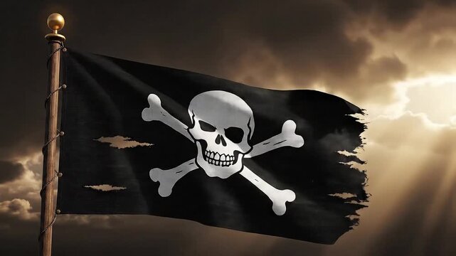Tattered pirate flag with skull and crossbones waving in stormy sky during sunset