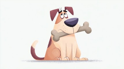 An animated dog with a thoughtful expression holds a large bone between its paws,