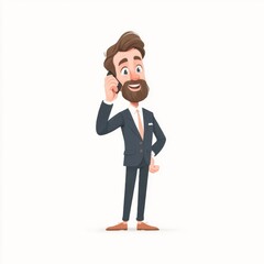 A professional businessman with brown hair and glasses smiles while talking on the phone, wearing a dark suit,