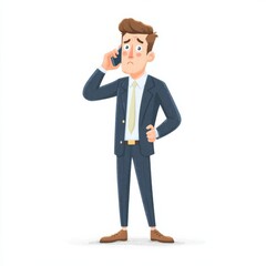 A worried businessman in formal attire speaks into a smartphone, his expression showing concern while holding his waist,