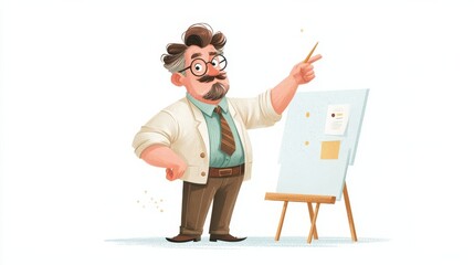 An animated scholar points at notes on an easel, wearing glasses and a lab coat,