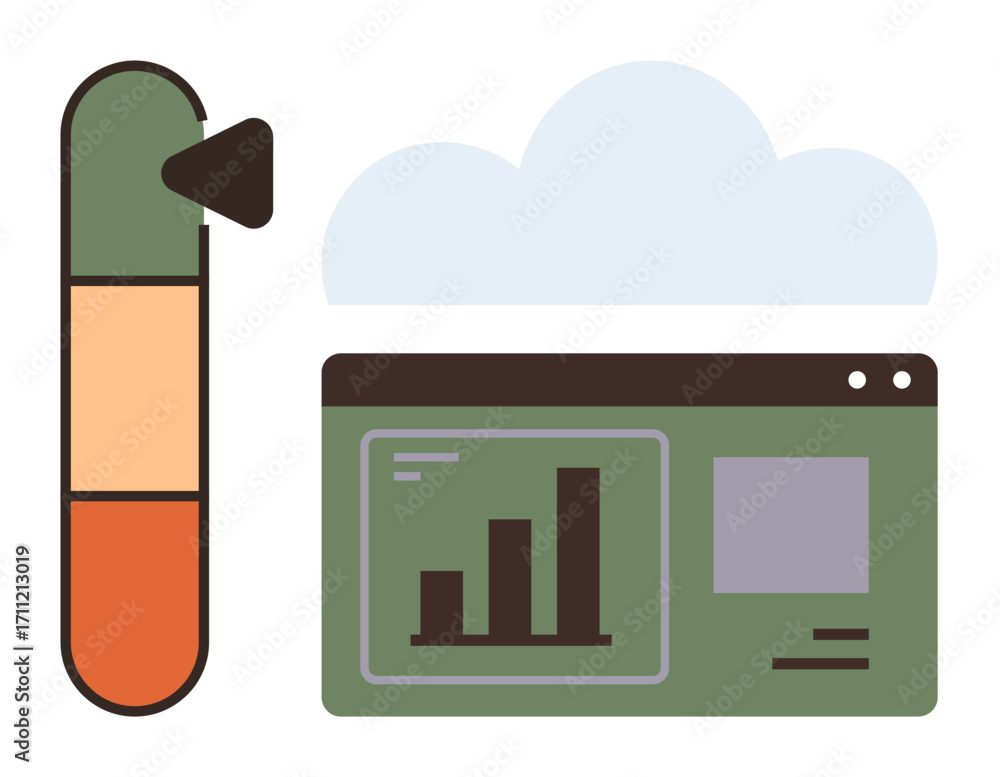 Aufkleber cloud icon above a dashboard with bar charts, accompanied by a performance gauge. ideal for data ana