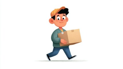 A young man wearing a red shirt and green cap struggles while carrying a heavy box,