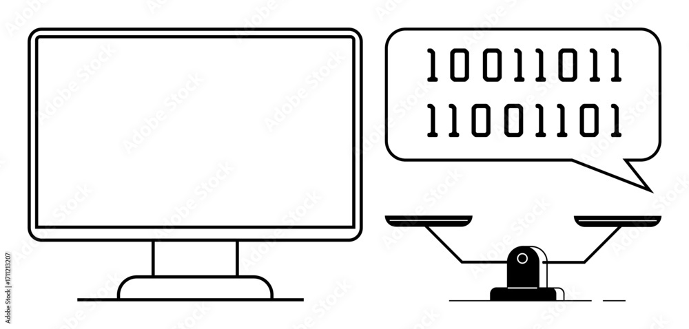 Poster computer monitor with binary code displayed in a speech bubble alongside a balance scale. ideal for 