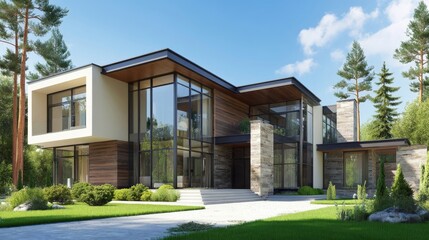 Modern two-story house with contemporary design, large glass windows, stone cladding, wood paneling,