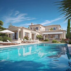 An elegant modern villa with a luxurious swimming pool, light facade, large windows, decorative columns, sun loungers,