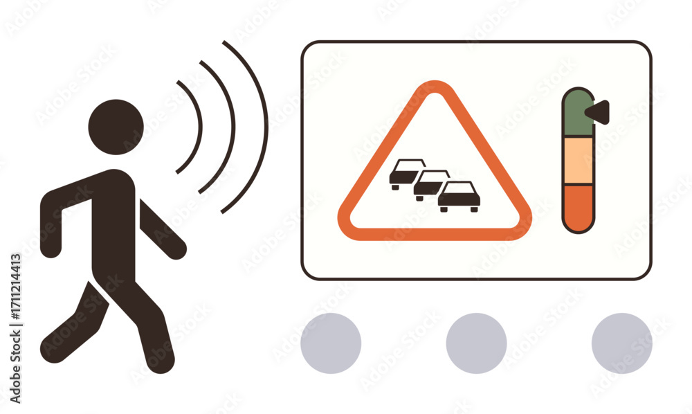 Poster pedestrian passing traffic warning sign with congestion indication and sound level gauge. ideal for 