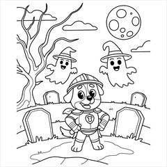 Spooky halloween coloring book page for kids featuring a friendly ghost and pumpkin design