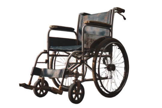 Foldable Wheelchair Leaning Against Wall in Collapsed Form, 3/4 Angle View, Transparent Background