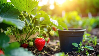 Strawberry plants growing in a garden bed with ripe berries and a pot
