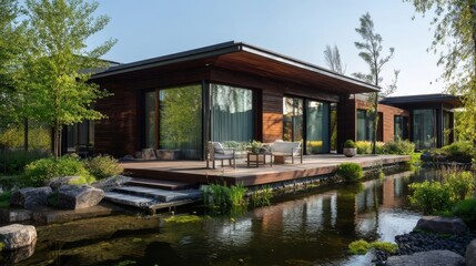 Modern house with large glass windows and dark wood panels, elevated wooden deck over water, outdoor seating,