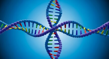 Colorful, vibrant representation of intertwined DNA strands against a backdrop of a light blue gradient.