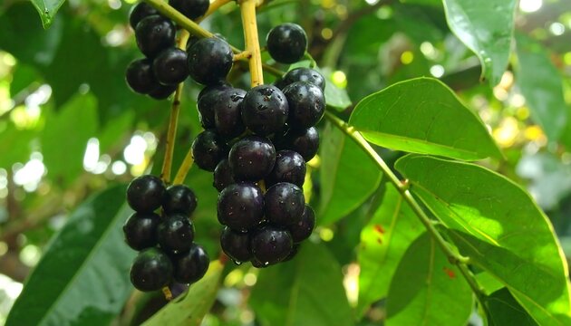 Dark purple berries cluster on a branch with lush green leaves