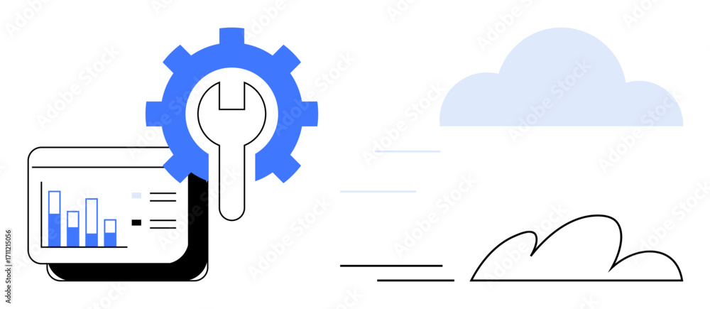 Poster gear and wrench beside data graphs screen represent optimization, efficiency, and analytics. cloud w