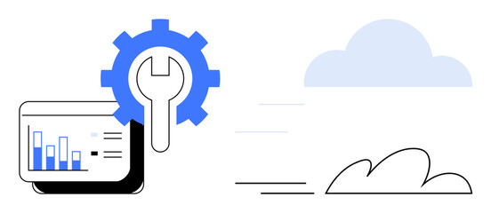 Gear and wrench beside data graphs screen represent optimization, efficiency, and analytics. Cloud with movement lines implies cloud technology. Ideal for tech, software, maintenance, analytics
