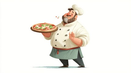 A cheerful chef in a white double-breasted jacket holds an overhead tray of pizza topped with tomatoes and green vegetab