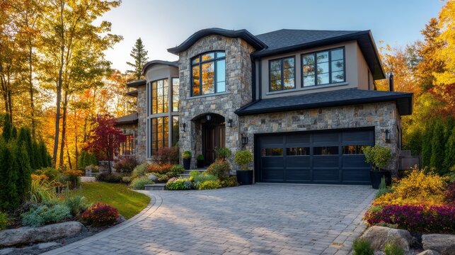 Elegant modern house with stone work and large glass windows, curved interlocking stone driveway, dark garage door,
