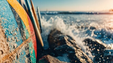 Colorful Surfboard Resting on Rocks with Ocean Waves Crashing in Sunset Light at a Beachside Location