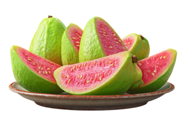 Guava Wedges with Glossy Pink Centers and Seeds on Ceramic Plate, Side View, Transparent Background 