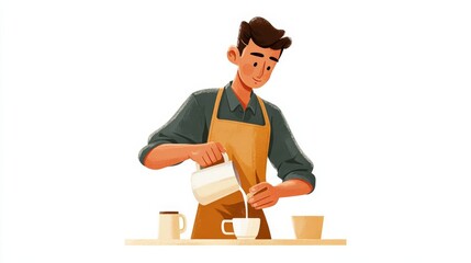 A barista in an apron skillfully pours milk into a cup next to two mugs on a counter,