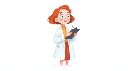 A young animated character in a lab coat with red hair and glasses, holding a clipboard and pen,