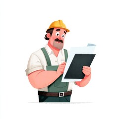 An animated construction worker in yellow hard hat and green overalls reads documents from a clipboard with focused dete