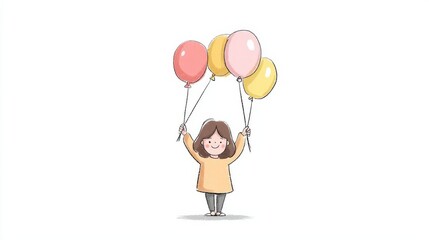A cheerful young girl raises her arms holding three vibrant balloons in red, yellow, and pink,