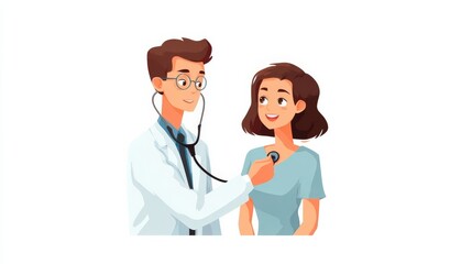 A male doctor in a white lab coat examines a female patient showing mild discomfort,