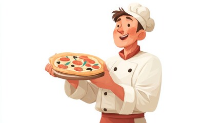 A cheerful chef in traditional white attire presents a freshly baked pizza with toppings like pepperoni, olives,