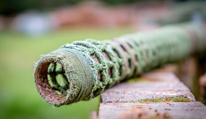 Close-up of a weathered, green-wrapped pipe section resting on a stone wall