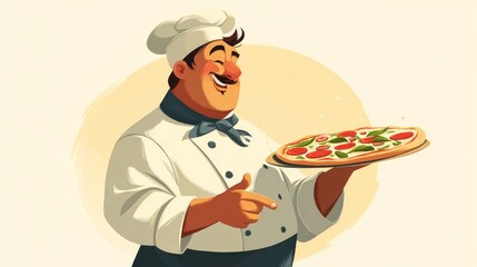 A cheerful animated chef in traditional attire proudly presents a freshly made pizza topped with pepperoni and green pep