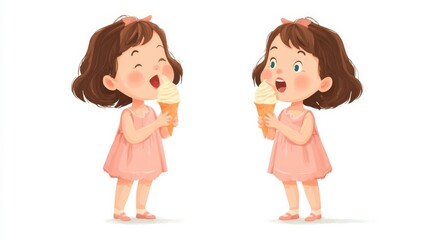 Two cartoon girls in pink dresses and shoes with bows enjoy ice cream cones,