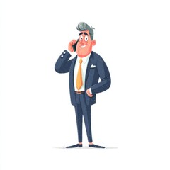 A cheerful male businessman in a navy blue suit talks on the phone with a bright smile,