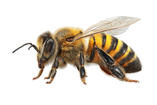 Honey Bee Walking on Smooth Surface, Side Profile View, Transparent Background 