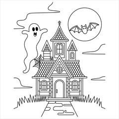 Spooky halloween coloring book page for kids featuring a friendly ghost and pumpkin scene