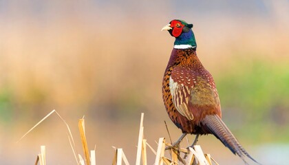 Stunning Pheasant Perched on Reeds in Soft Light