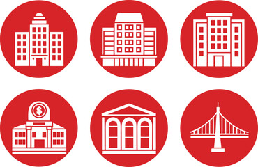 Six White Building and Bridge Icons on Red Circles