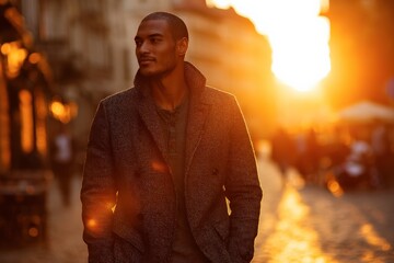 Stylish man walking on city street during golden hour sunset