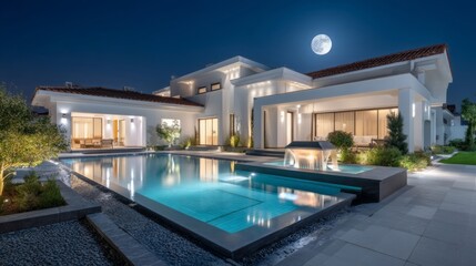 Fototapeta premium Luxury modern white house with illuminated swimming pools under a full moon,